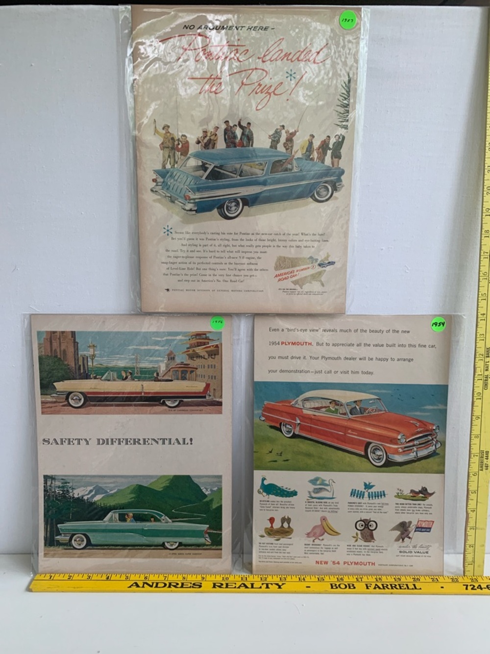 Vintage Automotive Print Lot Featuring Blue Station Wagon and Red Convertible
